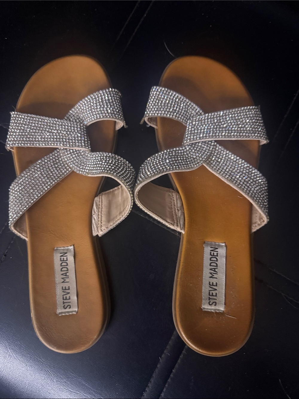 Steve Madden Silver Rhinestone Crisscross Slide Sandals with Tan Footbed